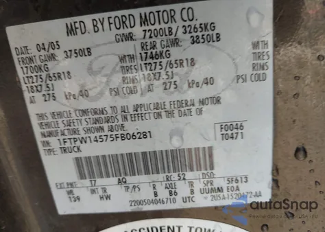 2005 Ford F-150 z USA, uszkodzony, nr VIN 1FTPW14575FB06281